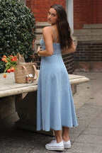 V Neck Washed Denim Maxi Dress