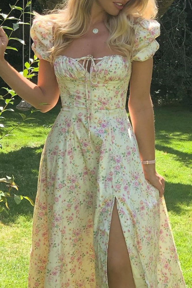 Square Neck Short Sleeve Slit Slim Floral Dress Secondary image