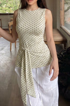 Beige Polka Dot Waist Tie Tank Top
