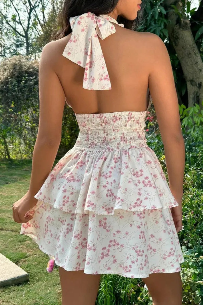 Double Layer Ruffle Strap Backless Mini Floral Dress Secondary image