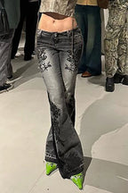 Vintage Plant Print Flared Jeans