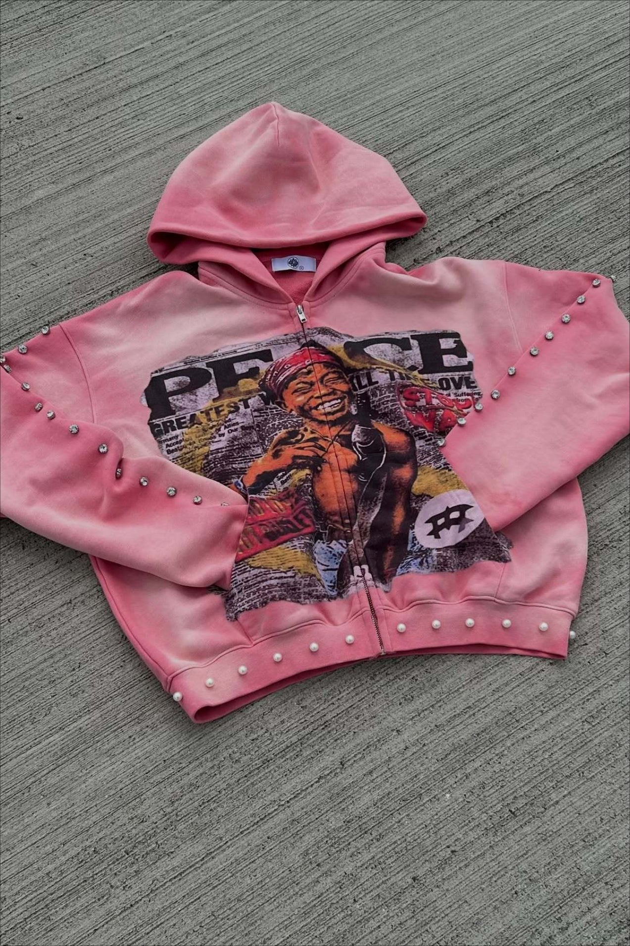 Rhinestone Graphic Zip Up Hoodie