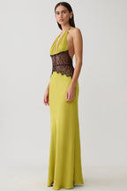 Lace Inset Halter Satin Formal Dress