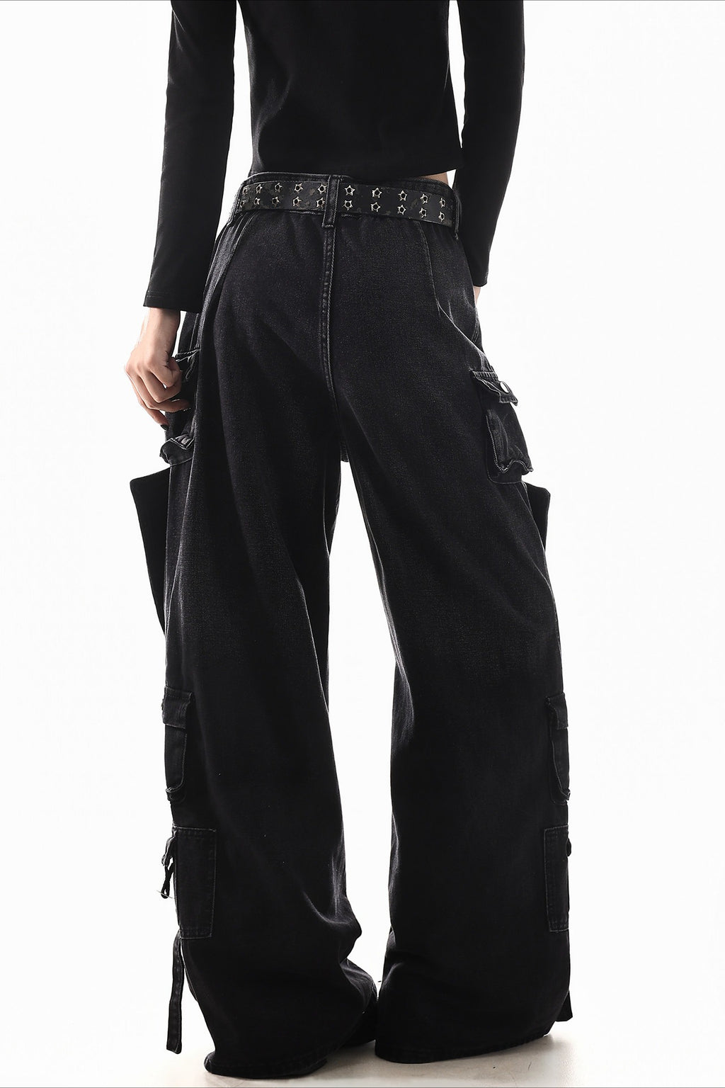 Deconstructed Buckle Cargo Wide Leg Jeans