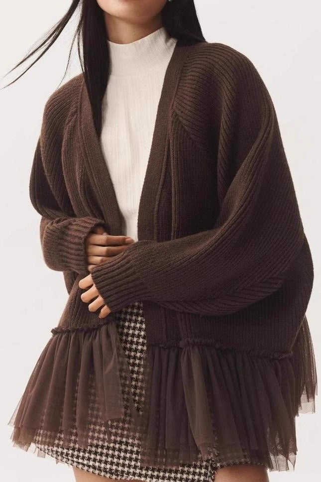 Sheer Ruffle Knit Cardigan S / Brown Main image
