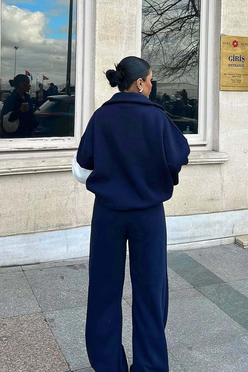 Half Zip Sweatshirt Wide Leg Pants Set