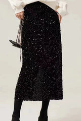 Black Sequin Midi Pencil Skirt