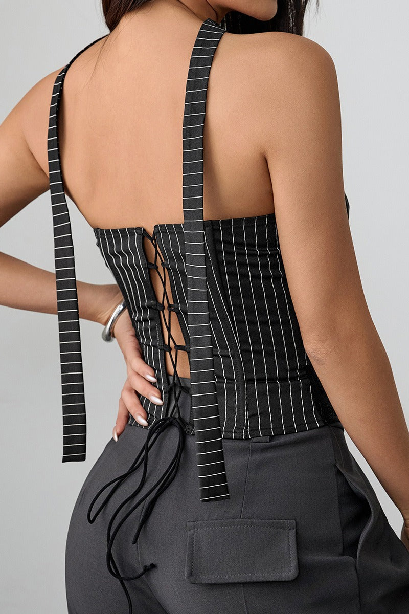Stripe Lace Trim Backless Corset Tube Top