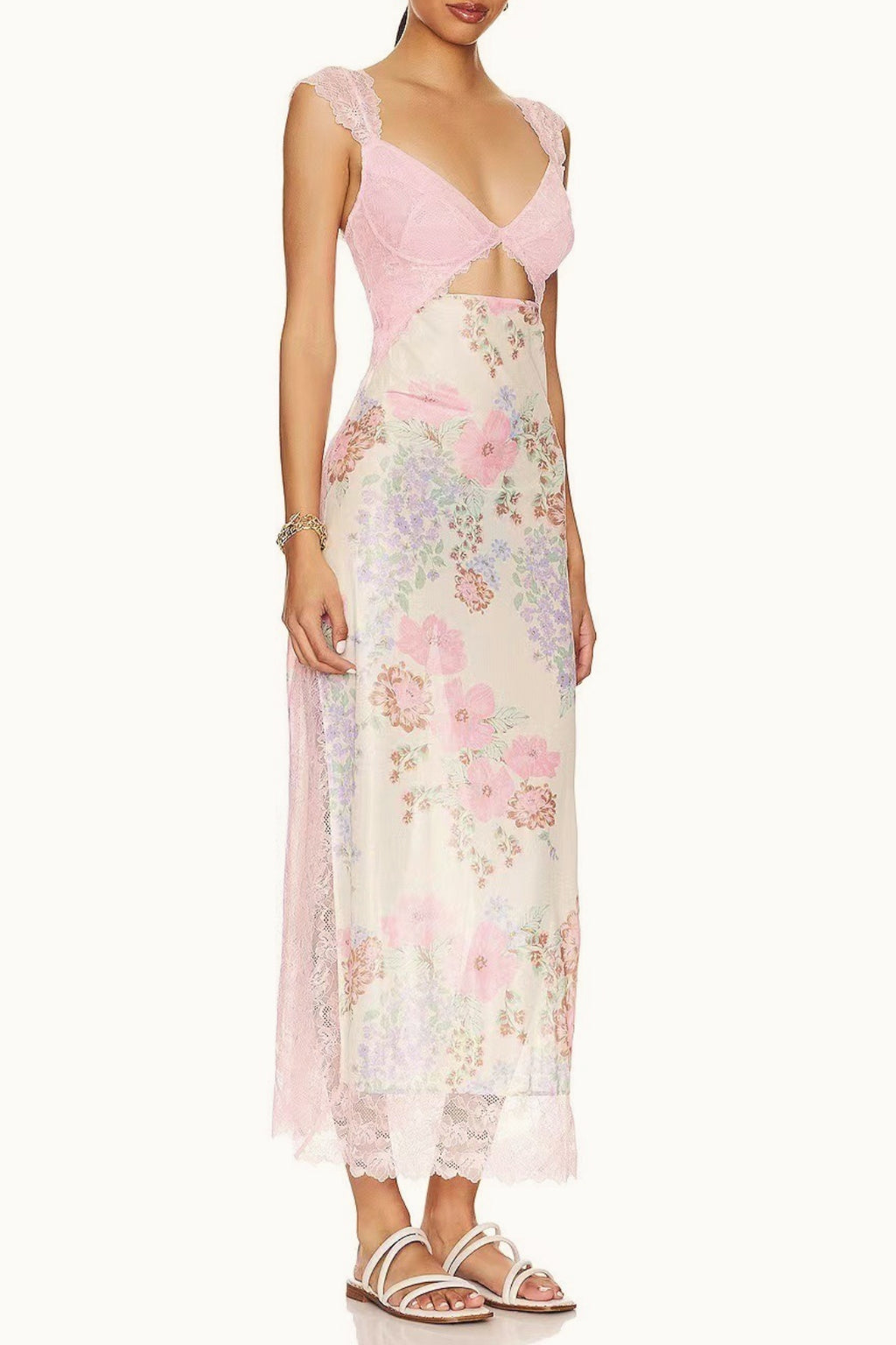 Lace Patchwork Strap Backless Slit Maxi Floral Dress