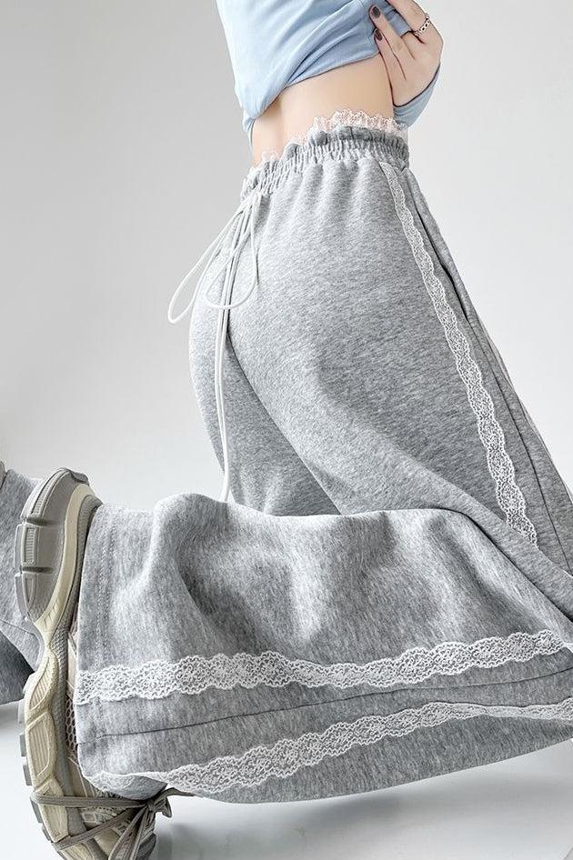 Lace Panel Athletic Wide Leg High Waist Pants