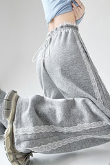 Lace Panel Athletic Wide Leg High Waist Pants