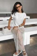 Sexy Sheer Brocade Lace White Jacquard Maxi Skirt