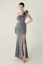 Draped One Shoulder Ruffle Formal Dress