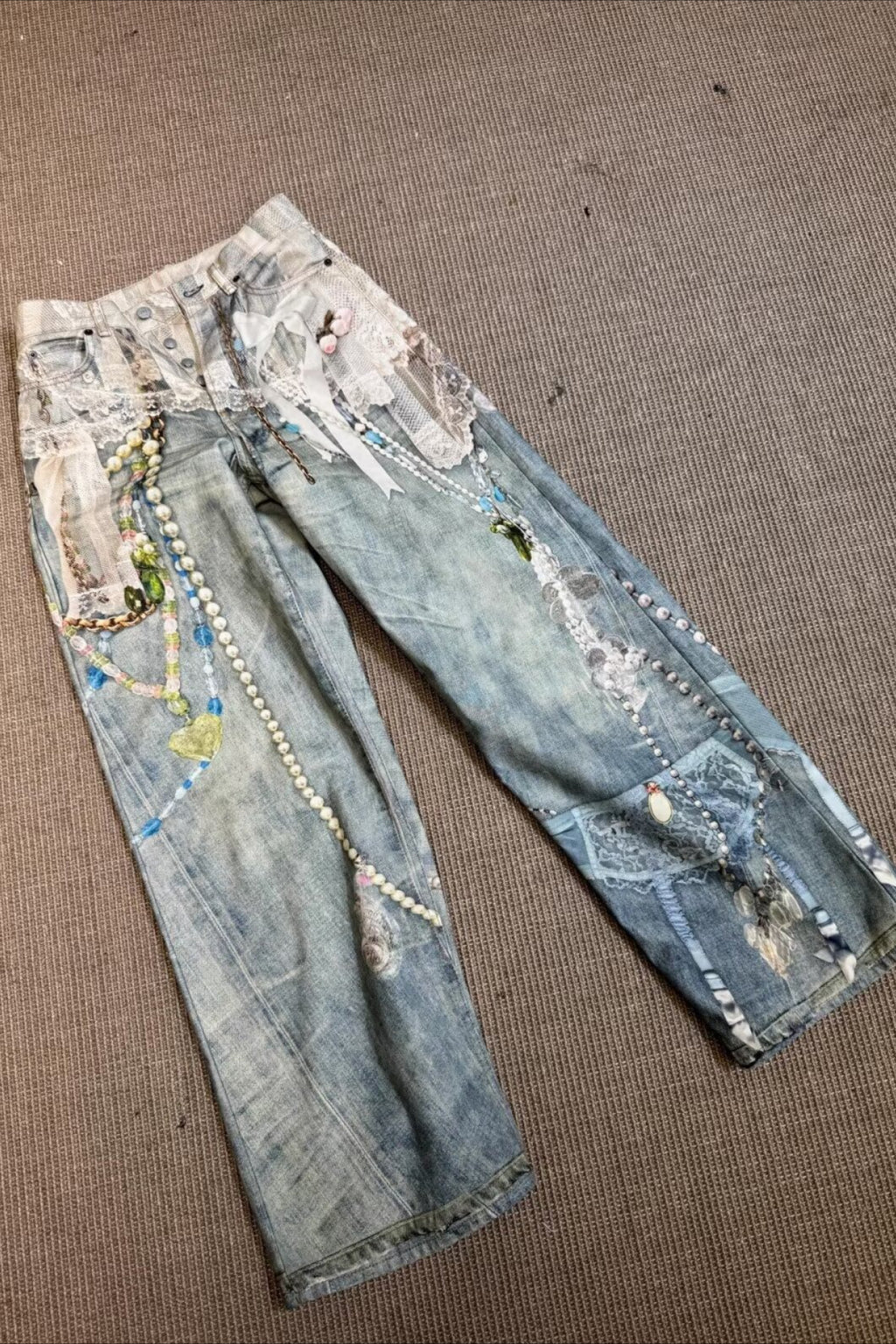 3D Lace Pearl Applique Wide Leg Jeans