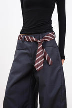 Casual Belt Detail Curved Wide Leg Pants