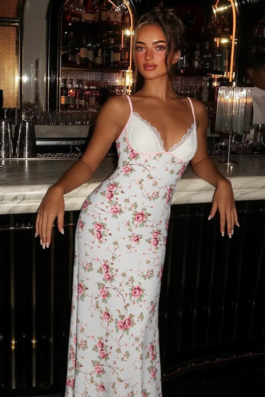 Lace Patchwork Printed V Neck Bodycon Floral Dress Main image