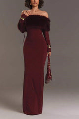 Fur Collar Off Shoulder Bodycon Dress