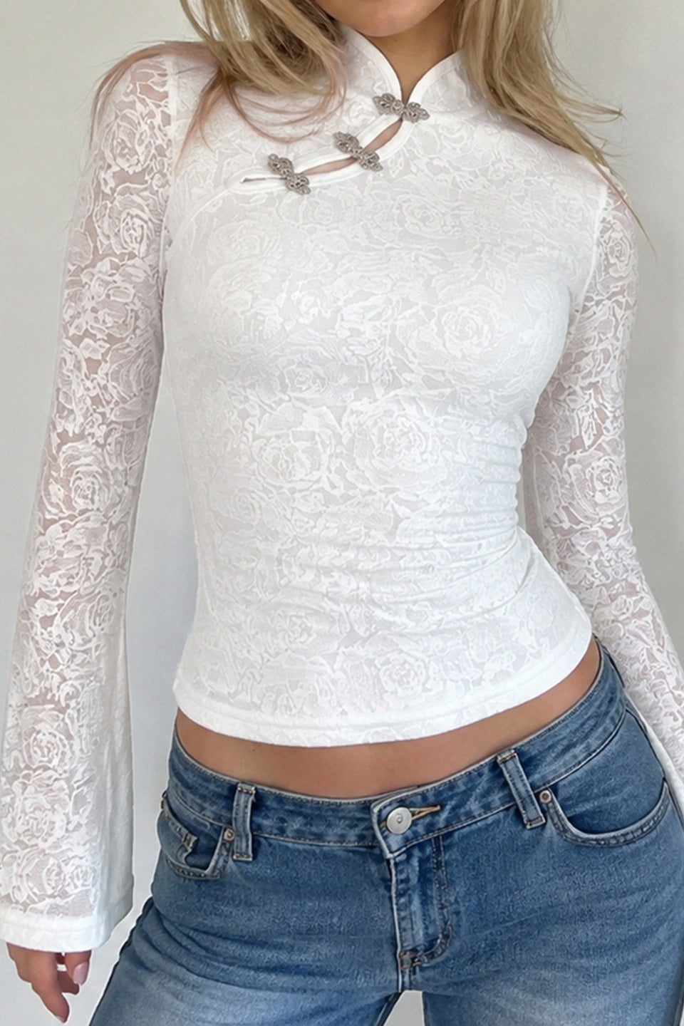 Chinese Knot Sheer Lace Bell Sleeve Blouse