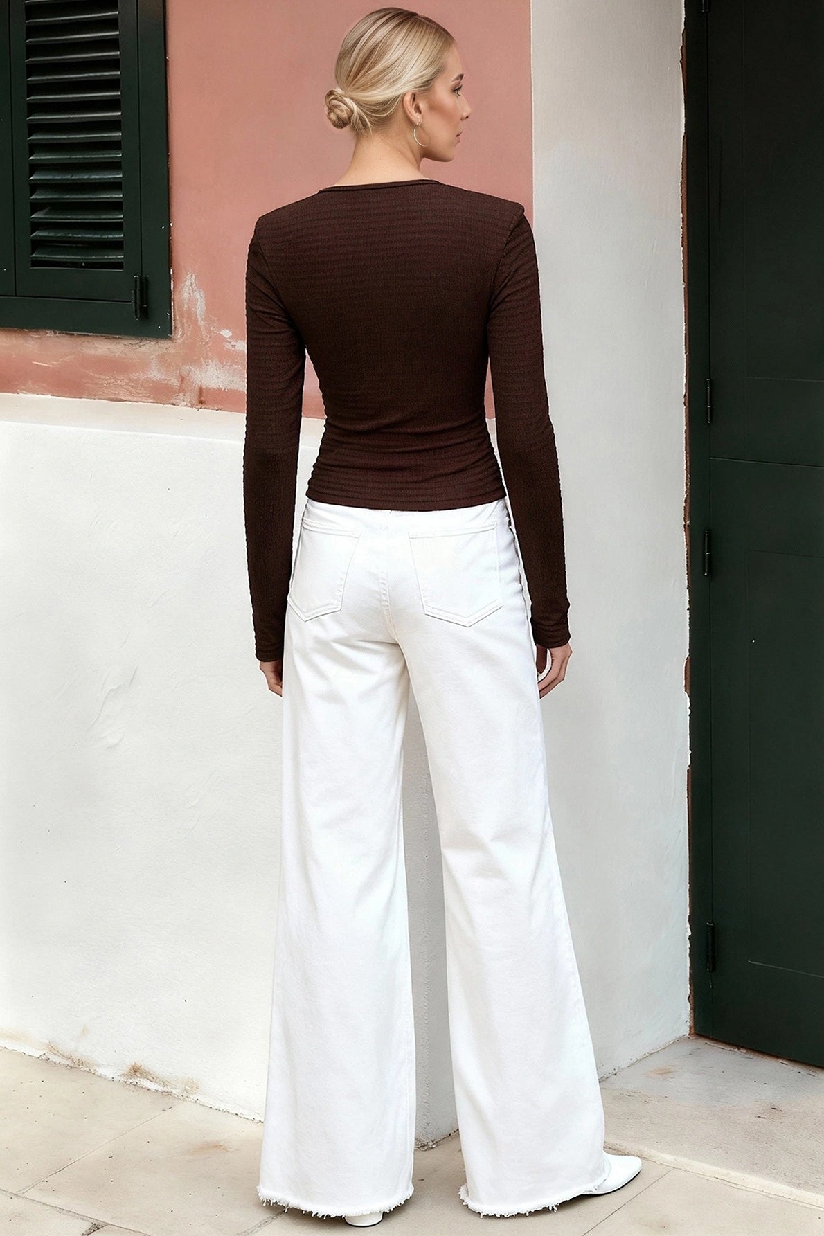 Brown V Neck Button Detail Slim Fit Knit Long Sleeve Tee