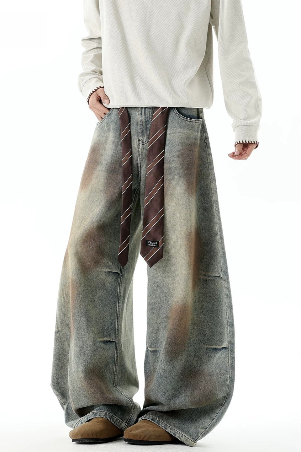 Dirty Wash Strap Wide Leg Jeans