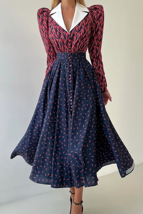 Contrast Collar Long Sleeve A Line Floral Dress Main image