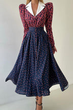 Contrast Collar Long Sleeve A Line Floral Dress