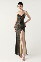 Sequin V Neck Cross Strap Mermaid Maxi Dress Green / S