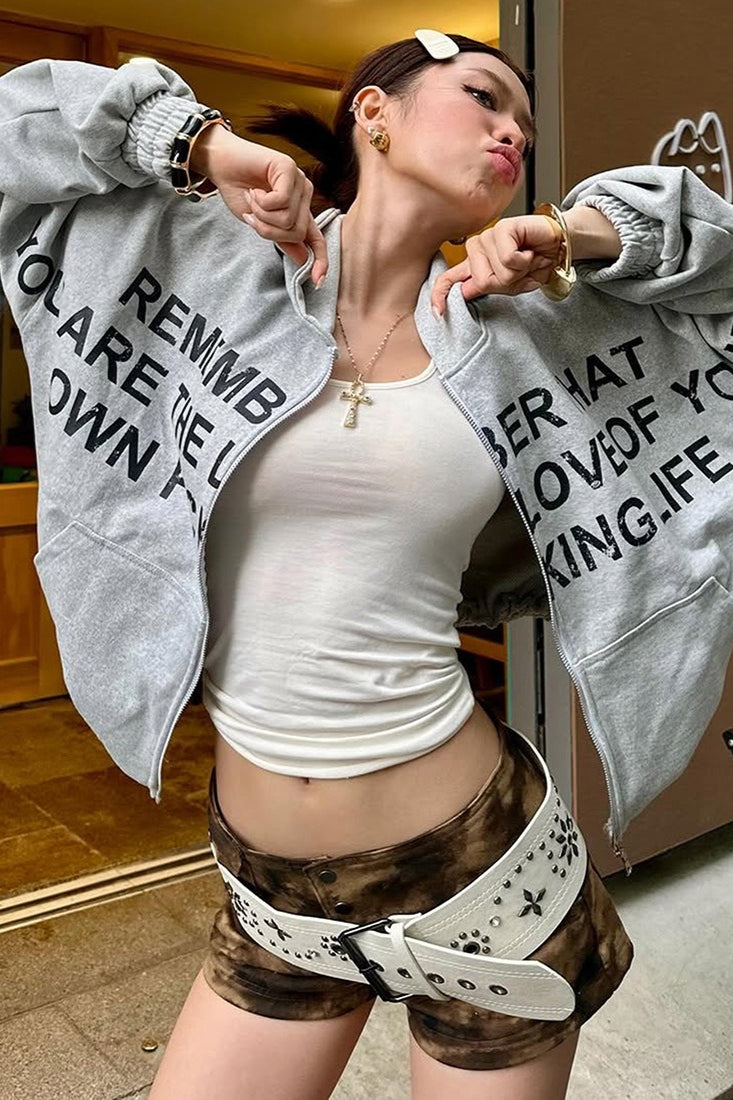 Printed Cropped Elastic Hem Hoodie