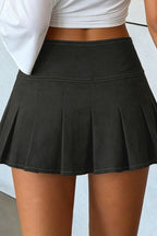 Buttoned Pleated Denim Mini Skirt
