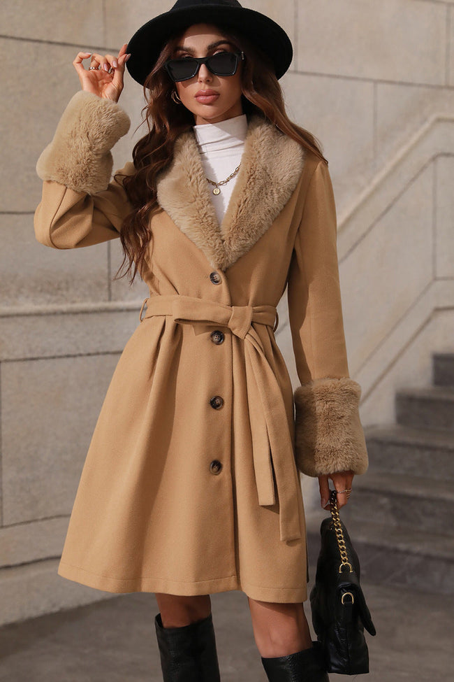 Fur Collar Belted Midi Trench Coat Main image