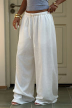 Solid High Waist Drawstring Wide Leg Pants