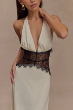 Lace Inset Halter Satin Formal Dress
