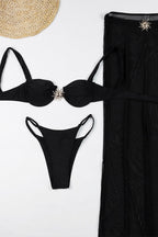 Solid Bra Style Cutout Three Piece Swim Set