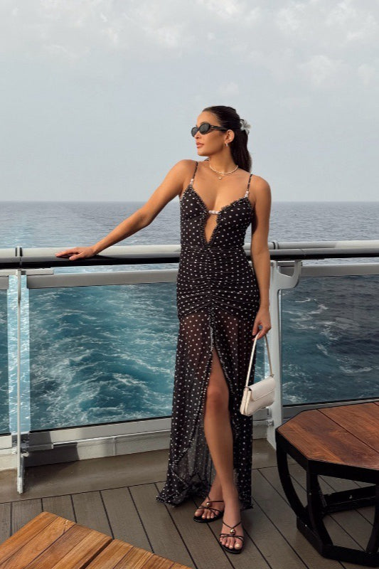 Polka Dot Ruched Lace Mesh Cami Maxi Dress Main image