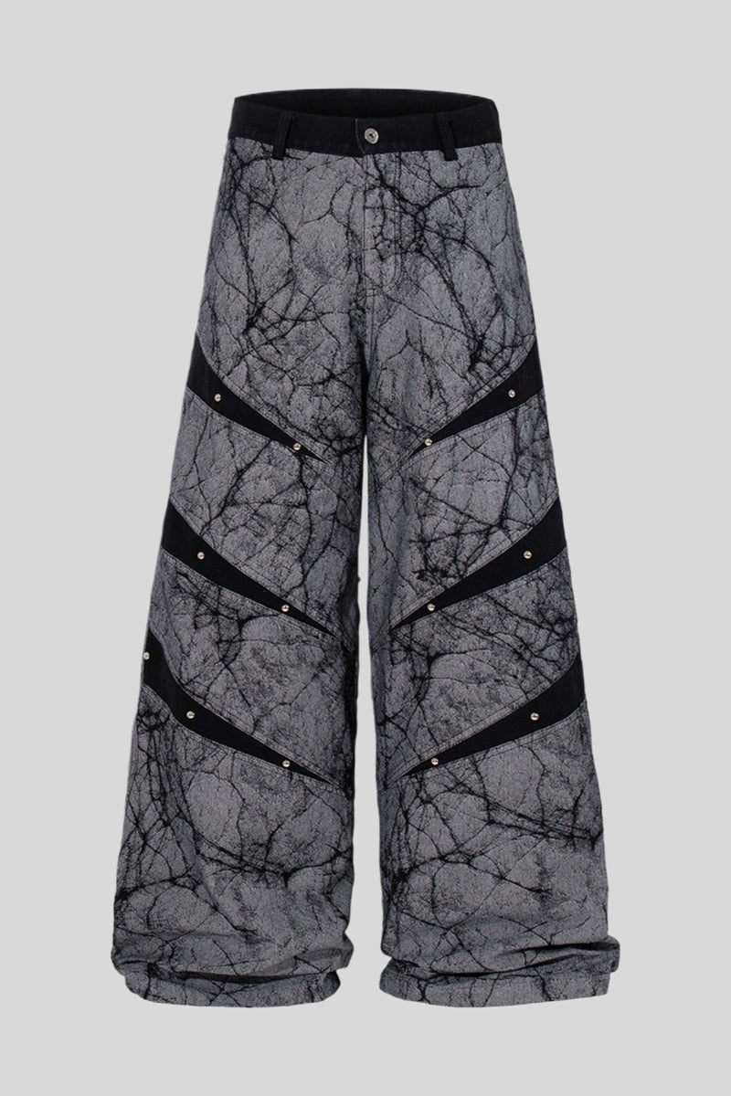 Crackle Print Tape Panel Wide Leg Jeans