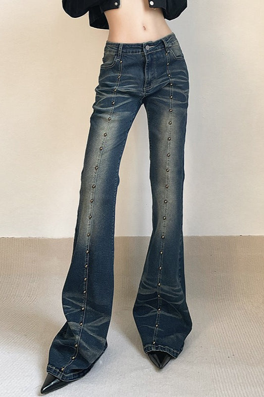 Front Rivet Slim Flare Leg Long Jeans