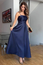Elegant Satin Slip Vintage Formal Dress S / Navy blue