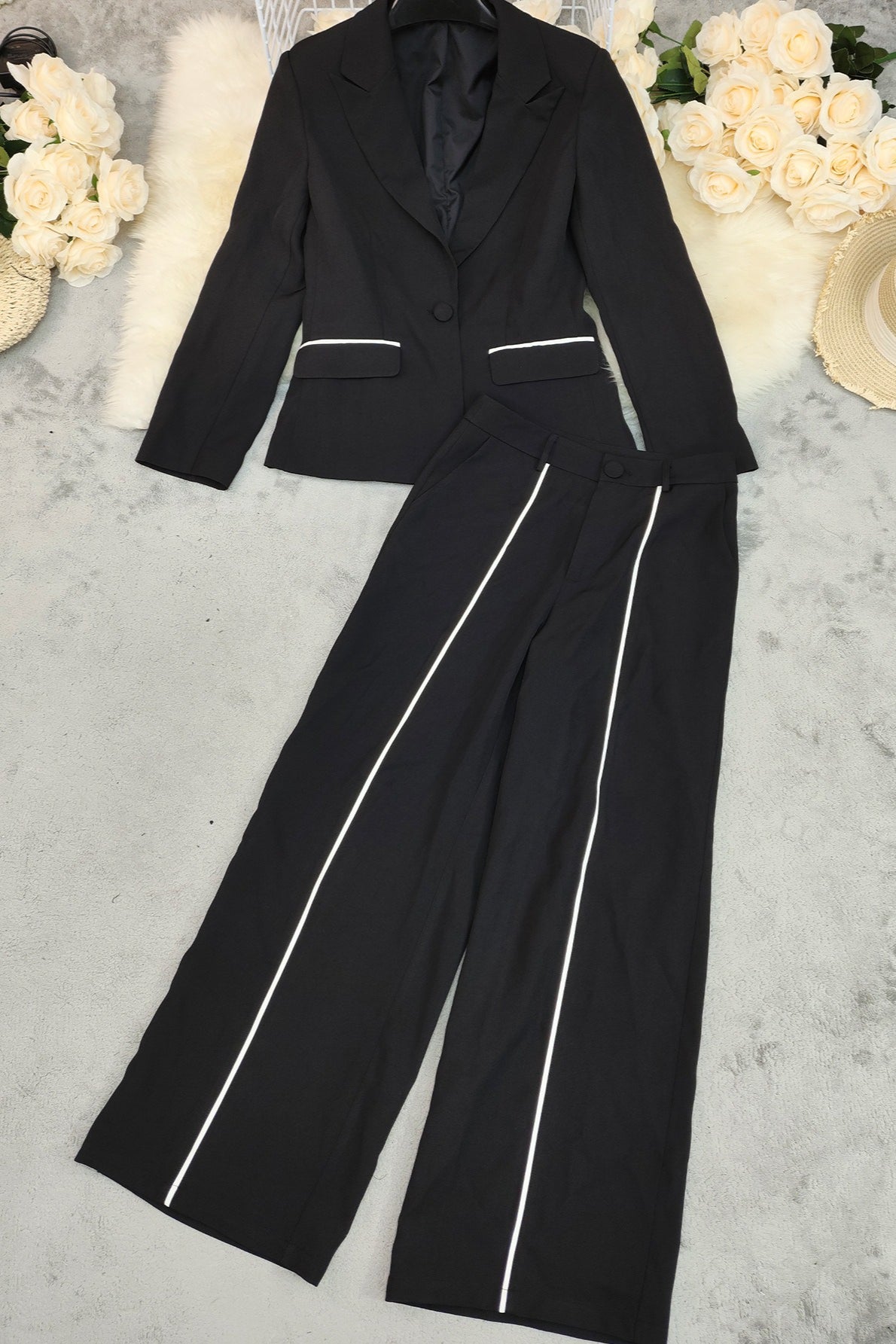 Contrast Color Relaxed Fit Blazer Casual Pants Set
