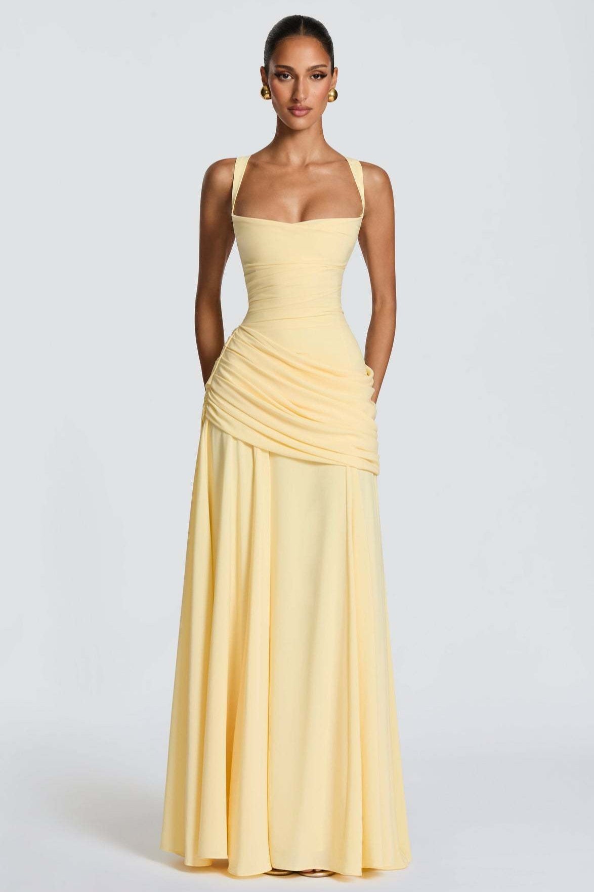 Square Neck Ruched Milk Silk Formal Dress