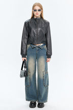 PU Leather Zip Up Bomber Jacket Grey / S