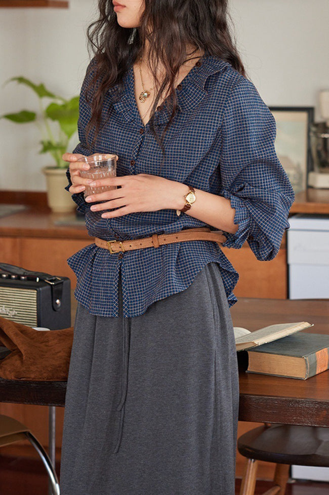 V Neck Ruffle Checkered Blouse Main image