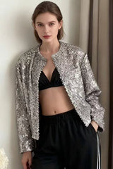 Solid Crew Neck Sequin Tweed Jacket