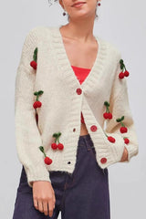 Cherry Embroidered Knit Cardigan Sweater