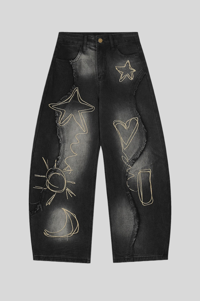 Celestial Line Embroidered Wide Leg Jeans