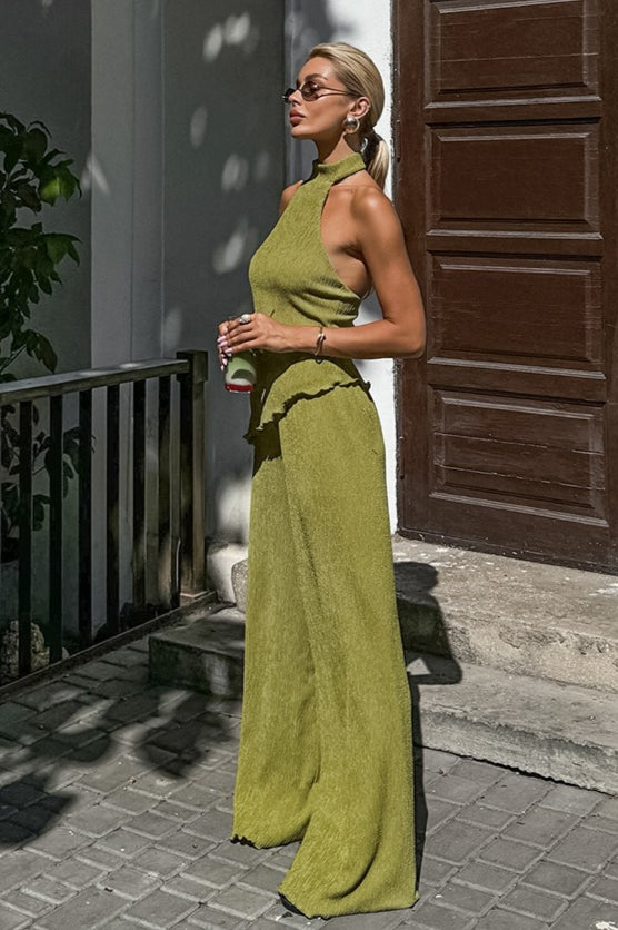 Green Halter Neck Top Pleated Wide Leg Pants Set Secondary image