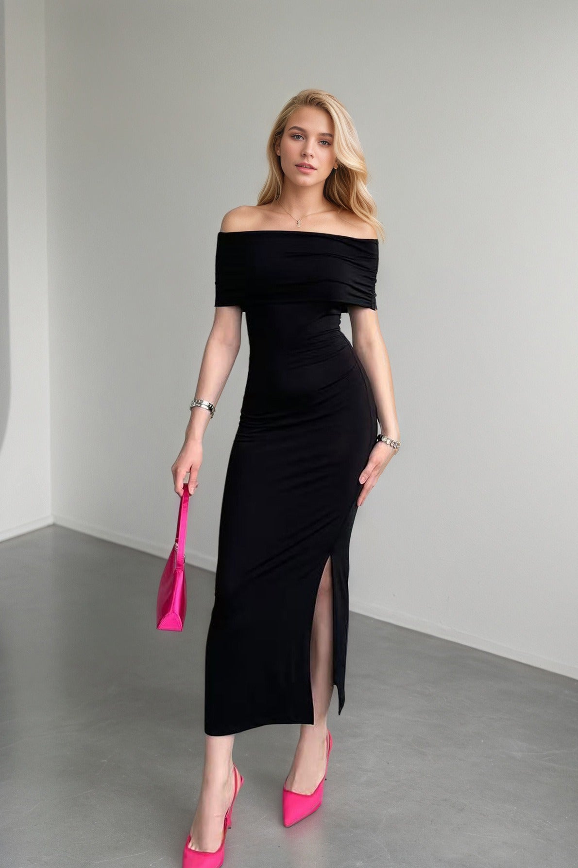 High Waist Off Shoulder Slit Formal Dress S / Black Main image