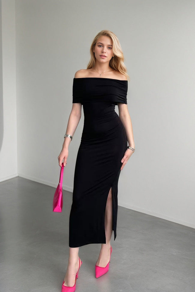 High Waist Off Shoulder Slit Formal Dress S / Black Main image