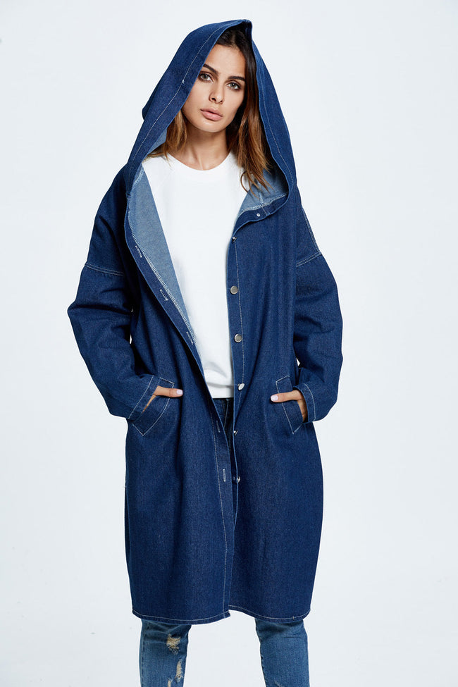 Long Hooded Denim Coat Navy blue / One Size coats Main image