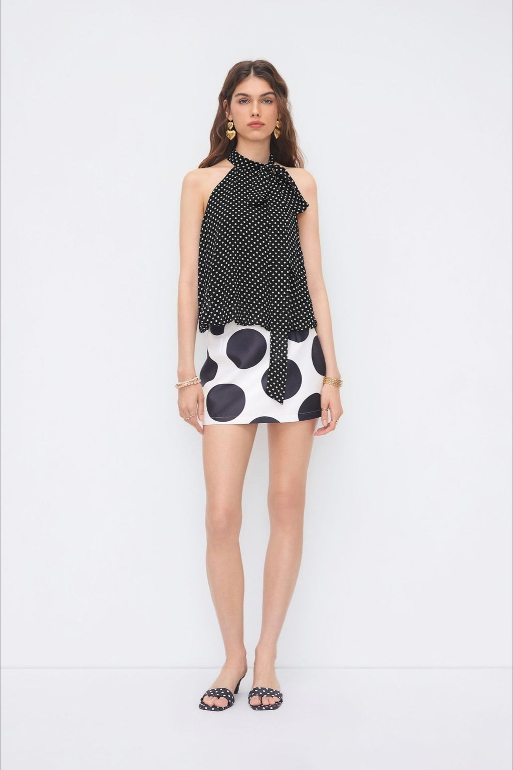 Black Polka Dot Draped Tie Halter Top