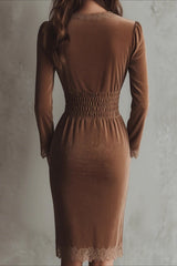 Slim Waist Cinching Long Sleeve Ruffled Velvet Dress